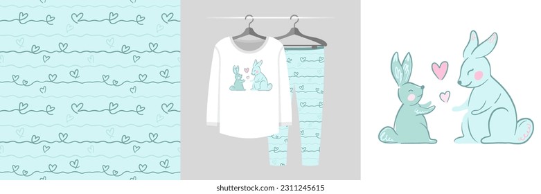 Seamless pattern and illustration set with family hugs, mom and baby bunny. Cute design pajamas on a hanger. Baby background for apparel, room decor, tee prints, baby shower, fabric design, wrapping