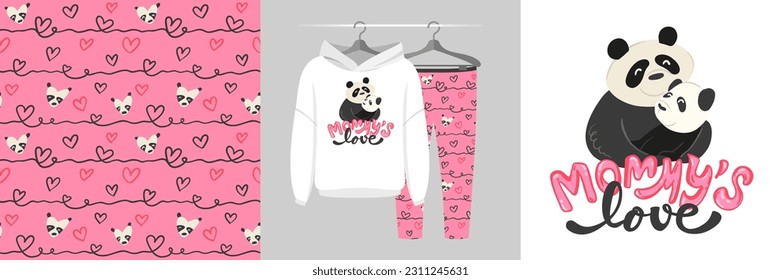 Seamless pattern and illustration set with family hugs, mom and baby panda, Mommy’s Love text. Cute design pajamas on a hanger. Baby background for tee prints, room decor, baby shower, fabric design