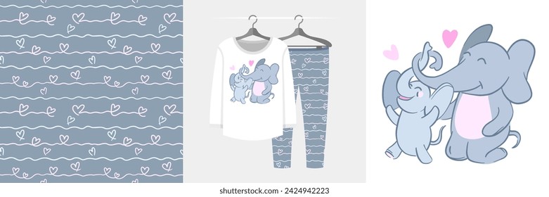 Seamless pattern and illustration set with family hugs, mom and baby elephant. Cute design pajamas on a hanger. Baby background for apparel, room decor, tee prints, baby shower, fabric wrapping design