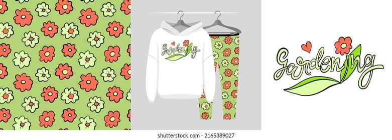 Seamless pattern and illustration set with flowers and Gardening lettering. Cute design pajamas on a hanger. Baby background for apparel, room decor, tee prints, baby shower, fabric design, wrapping