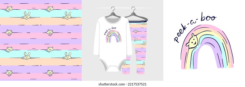 Seamless Pattern And Illustration Set With Funny Cat Peeking Out Of The Rainbow, Peek-a-boo Text. Baby Design Pajamas, Background For Apparel, Decor, Tee Prints, Baby Shower, Fabric Design, Wrapping