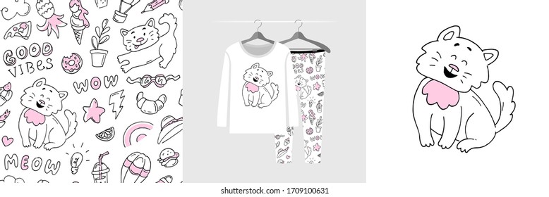 Seamless pattern and illustration set with hand drawn doodle style cats. Cute design pajamas on the hanger. Baby background for clothes, room birthday decor, fashion tee print, stickers, wrapping