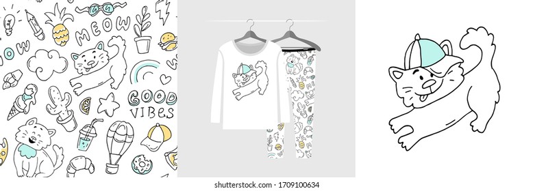 Seamless pattern and illustration set with hand drawn doodle style cats. Cute design pajamas on the hanger. Baby background for clothes, room birthday decor, fashion tee print, stickers, wrapping