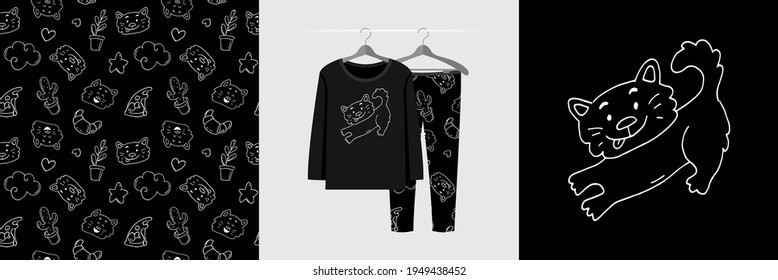 Seamless pattern and illustration set with hand drawn doodle style cat. Cute design pajamas on the hanger. Baby background for clothes, room birthday decor, fashion tee print, stickers, wrapping