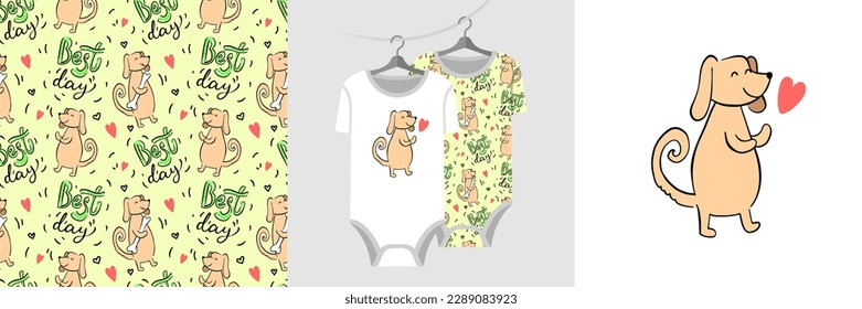 Seamless pattern and illustration set - heart and air kiss
from dog. Cute design pajamas on a hanger. Baby clipart for tee prints, cards, apparel, room decor, fabric design, wrapping