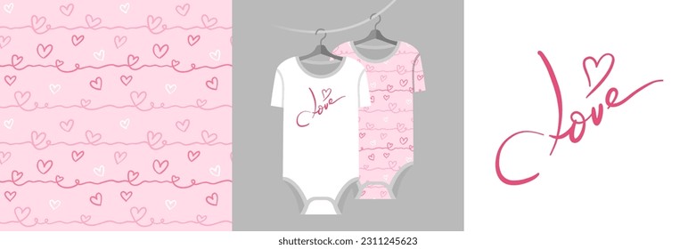 Seamless pattern and illustration set with heart and lettering Love. Cute design pajamas on a hanger. Baby background for apparel, room decor, tee prints, baby shower, fabric