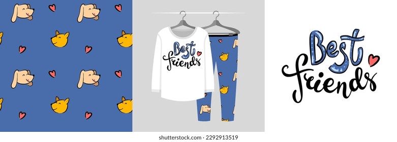 Seamless pattern and illustration set - hearts, cat and dog and Best friends text. Cute design pajamas on a hanger. Baby clipart for tee prints, cards, apparel, room decor, fabric design, wrapping