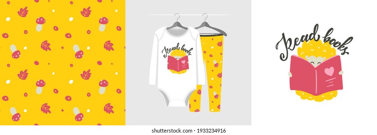 Seamless pattern and illustration set with hedgehog and Read books text. Cute design pajamas on a hanger. Baby background for apparel, room decor, tee prints, baby shower, fabric design, wrapping