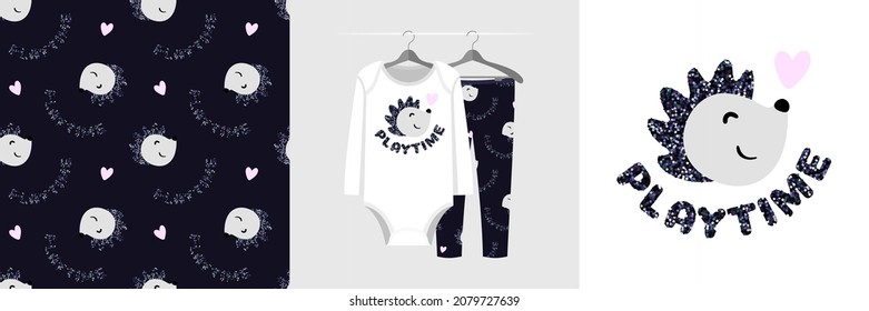 Patrón y conjunto de ilustraciones sin inconvenientes con texto de hedgehog y Playtime. Un pijama de diseño lindo en una percha. Fondo para la ropa, decoración de la habitación, estampado, ducha para bebés, diseño de tela, envoltura