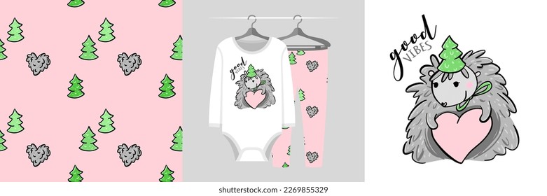 Seamless pattern and illustration set with hedgehog with a Christmas tree on his head instead of like a hat and hugs heart, Good vibes text. Cute design pajamas on a hanger. Baby background