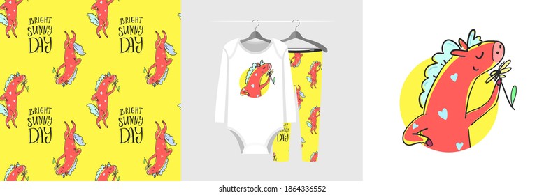 Seamless pattern and illustration set with honey pony sniffing flower. Cute design pajamas on a hanger. Baby background for apparel, room decor, tee prints, baby shower, fabric design, wrapping