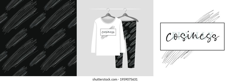 Seamless pattern and illustration set with ink abstract shapes, Finally cosiness text. Tender background for apparel, family look, room decor, tee prints, fabric design, wedding invitations, packaging
