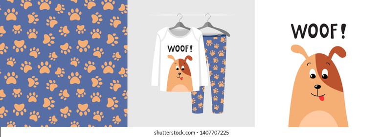 Seamless pattern and illustration set for kid with dog and footprint, text Woof! Cute design on pajamas mockup. Baby background for clothes wear, room decor, t-shirt, baby shower invitation, wrapping