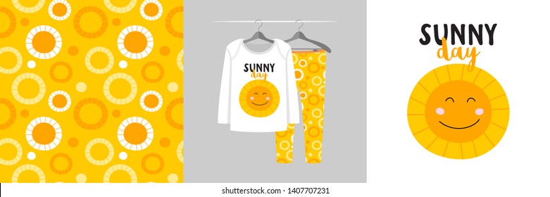 Seamless pattern and illustration set for kid with sun and Sunny day. Cute design pajamas on hanger. Baby background for clothes wear, room decor, t-shirt, baby shower invitation, wrapping