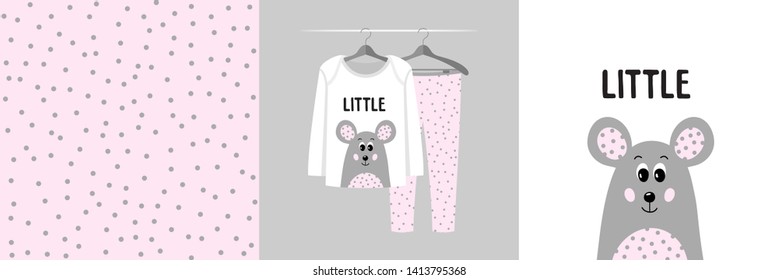 Seamless pattern and illustration set for kid with mouse, text Little. Cute design pajamas on hanger. Baby background for clothes, room birthday decor, t-shirt print, wear fashion, invitation card