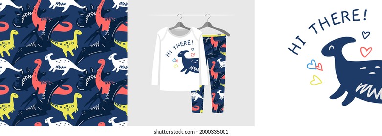 Seamless pattern and illustration set for a kid with dinosaurs, text Hi there. Cute design pajamas on the hanger. Baby background for fashion wear, tee, t-shirt print, baby shower, wrapping