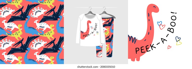 Seamless pattern and illustration set for a kid with dinosaurs, text Peek-a-boo. Cute design pajamas on the hanger. Baby background for fashion wear, tee, t-shirt print, baby shower, wrapping