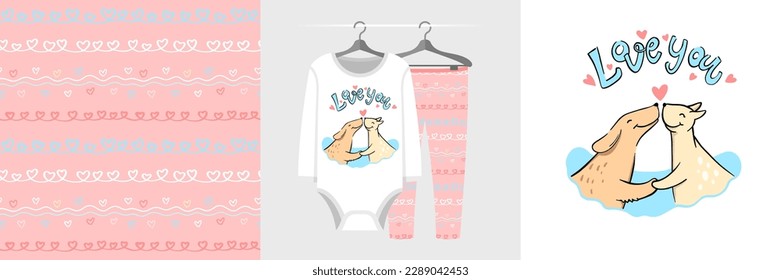 Seamless pattern and illustration set - kissing cat and dog and Love you text. Cute design pajamas on a hanger. Baby clipart for tee prints, cards, apparel, room decor, fabric design, wrapping