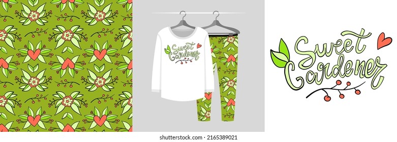 Seamless pattern and illustration set with leaf ornament, Sweet gardener lettering. Cute design pajamas on a hanger. Baby background for apparel, room decor, tee prints, fabric design, wrapping
