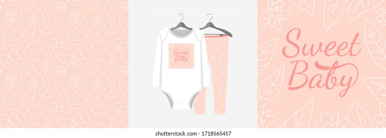Seamless pattern and illustration set with leaves ornament and slogan Sweet Baby. Cute design pajamas on the hanger. Baby background for clothes, room birthday decor, fashion tee print, wrapping