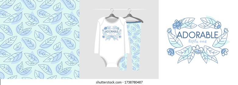 Seamless pattern and illustration set with leaves ornament and slogan Adorable little one. Cute design pajamas on the hanger. Baby background  