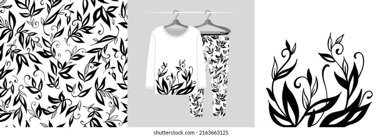 Seamless pattern and illustration set with leaves and branches silhouettes on white background. Monochrome floral motives design pajamas, background for apparel, tee prints, fabric design, wrapping