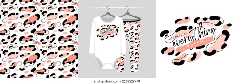 Seamless pattern and illustration set with leopard spots and lettering Just imagine Everything is Possible. Aesthetic design pajamas, background for apparel, room decor, tee prints, fabric, wrapping