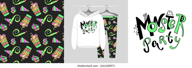 Patrón y conjunto de ilustraciones impecables con la inscripción Monster Party. Pajamas de diseño para bebés, telas de fondo para ropa, decoración de habitaciones, estampados, ducha para bebés, diseño de tela, envoltura