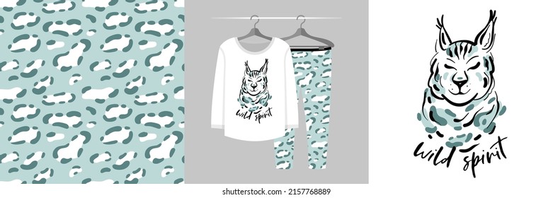 Seamless pattern and illustration set with lynx, leopard spots and lettering Wild spirit. Aesthetic design pajamas, background for apparel, room decor, tee prints, fabric design, wrapping