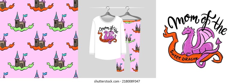 Seamless pattern and illustration set with mom dragon and lettering Mom of the sweet dragon . Baby design pajamas, background for apparel, room decor, tee prints, baby shower, fabric design, wrapping