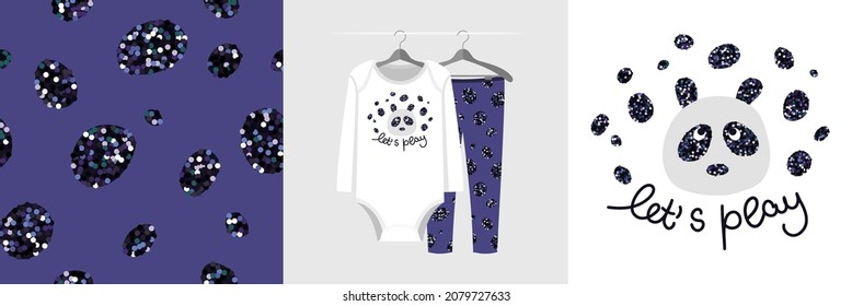 Seamless pattern and illustration set with panda and Let`s play text. Cute design pajamas on a hanger. Baby background for apparel, room decor, tee prints, baby shower, fabric design, wrapping