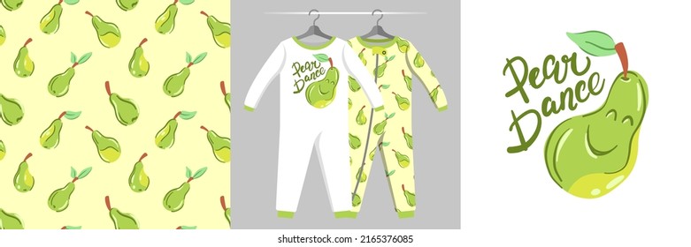 Seamless pattern and illustration set with pears, Pear dance text. Cute design pajamas on a hanger. Baby background for apparel, room decor, tee prints, baby shower, fabric design, wrapping