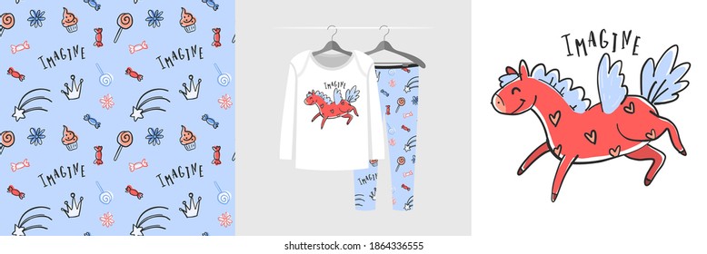 Patrón y conjunto de ilustraciones impecables con pegasus e Imagine texto. Un pijama de diseño lindo en una percha. Fondo para la ropa, decoración de la habitación, estampado, ducha para bebés, diseño de tela, envoltura