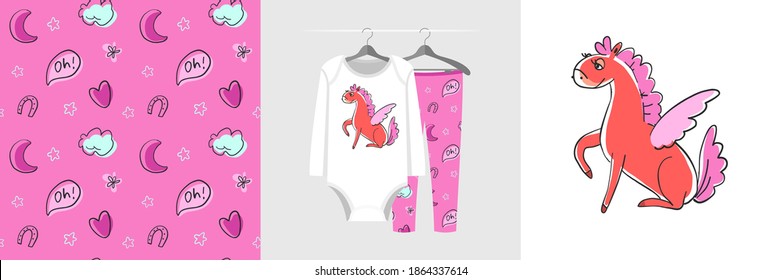 Patrón e ilustración sin inconvenientes con pegasus con alas rosadas. Un pijama de diseño lindo en una percha. Fondo para la ropa, decoración de la habitación, estampado, ducha para bebés, diseño de tela, envoltura