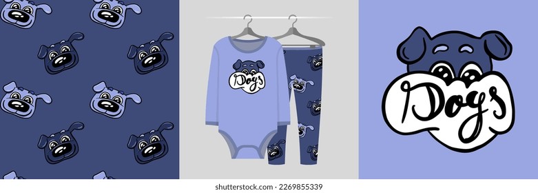 Seamless pattern and illustration set with puppy hides behind a sign with text Dogs on a light blue background. Baby design pajamas, background for apparel, room decor, tee prints, fabric design