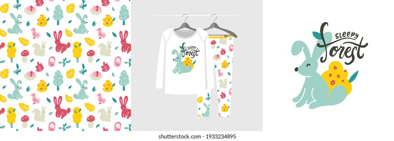 Seamless pattern and illustration set with rabbit and Sleepy forest text. Cute design pajamas on a hanger. Baby background for apparel, room decor, tee prints, baby shower, fabric design, wrapping