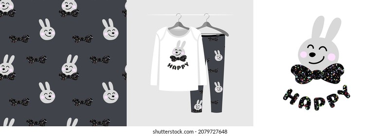 Seamless pattern and illustration set with rabbit and Happy text. Cute design pajamas on a hanger. Baby background for apparel, room decor, tee prints, baby shower, fabric design, wrapping