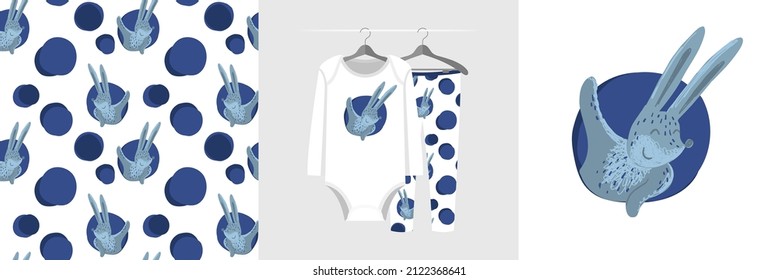 Seamless pattern and illustration set with rabbit waving hello to us from his mink. Baby design pajamas, background for apparel, room decor, tee prints, baby shower, fabric design, wrapping