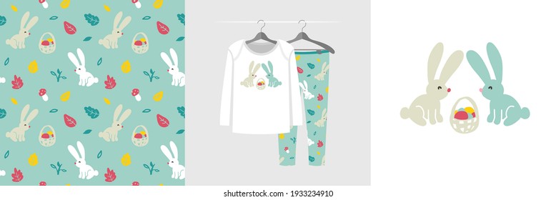 Seamless pattern and illustration set with rabbits and picnic basket. Cute design pajamas on a hanger. Baby background for apparel, room decor, tee prints, baby shower, fabric design, wrapping