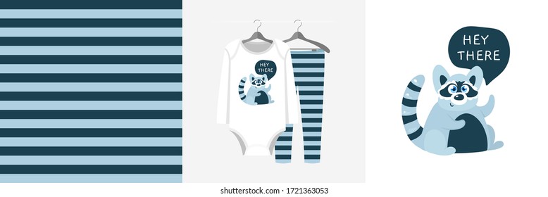 Seamless pattern and illustration set with a raccoon, Hey there text. Cute design pajamas on a hanger. Baby background for clothes, party decor, tee print, kids wear fashion, fabric design, wrapping