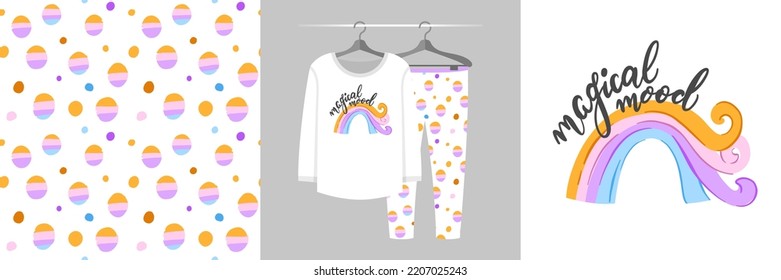 Seamless pattern and illustration set with rainbow, colorful dots and lettering Magical Mood. Aesthetic design pajamas, background for apparel, baby shower invitation, tee prints, fabric, wrapping