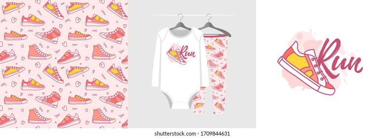 Seamless pattern and illustration set with sneakers, text Run. Cute design pajamas on the hanger. Baby background for clothes, birthday decor, fashion t-shirt print, invitation card, wrapping