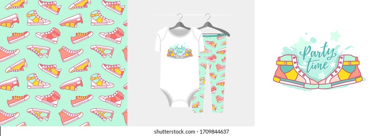Seamless pattern and illustration set with sneakers, text Party time. Cute design pajamas on the hanger. Baby background for clothes, birthday decor, fashion t-shirt print, invitation card, wrapping