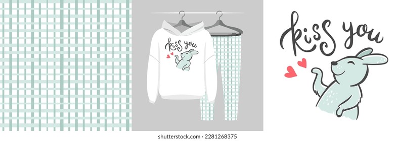 Seamless pattern and illustration set with sweet bunny sends an air kiss, Kiss you text. Cute tartan design pajamas on a hanger. Baby clipart for tee prints, baby shower decor, fabric design, wrapping