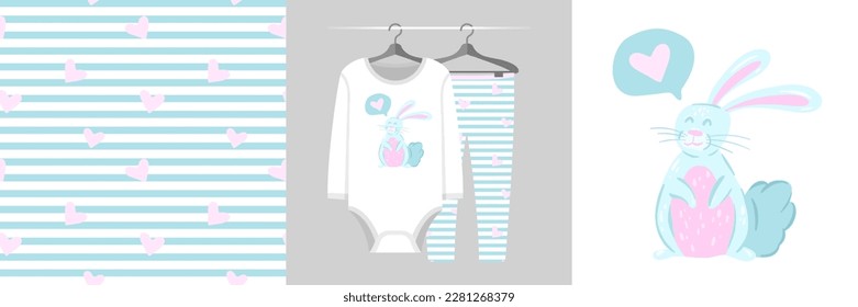 Seamless pattern and illustration set with sweet bunny with a speech bubble, pastel colors. Cute design pajamas on a hanger. Baby clipart for tee prints, baby shower decor, fabric design, wrapping