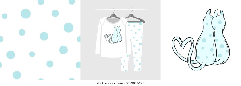 Seamless pattern and illustration set with two cats hugging. Tender background for apparel, family look, room decor, tee prints, fabric design, wedding invitations, branding, packaging