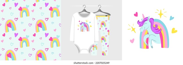 Seamless Pattern And Illustration Set With Unicorn And Colorful Rainbow. Aesthetic Design Pajamas, Background For Apparel, Baby Shower Invitation, Tee Prints, Fabric, Wrapping