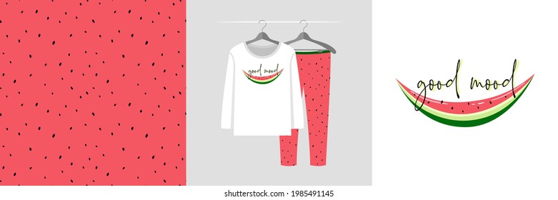 Seamless pattern and illustration set with watermelons, Good Mood. Cute design pajamas on a hanger. Baby background for apparel, room decor, tee prints, baby shower, fabric design, wrapping