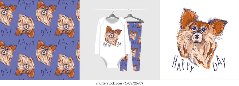 Seamless pattern and illustration with sketch style dog and text Happy day. Cute design pajamas on the hanger. Baby background for clothes, room birthday decor, fashion tee print, wrapping