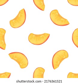 Seamless pattern with illustration of slices peaches on a white background